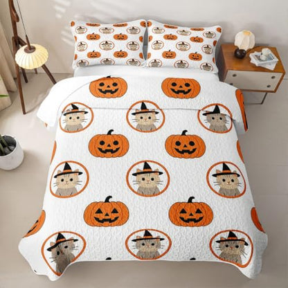 Feelyou Halloween Quilt Bedspread for Kids Girls & Boys Queen Size - Cream White & Tangerine Orange Bedding Set