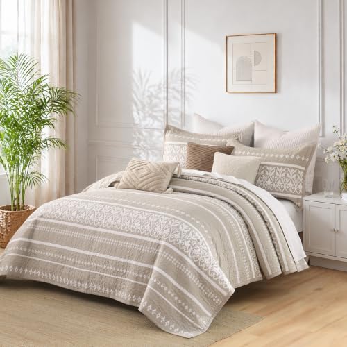 Boho King Quilt Set 100% Cotton Bedding with Pillow Shams - Beige