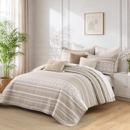 Boho King Quilt Set 100% Cotton Bedding with Pillow Shams - Beige