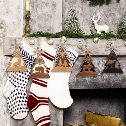Rustic Christmas Wood Animal Ornaments Set - Reindeer, Bear, Wolf, Moose, Evergreen Tree