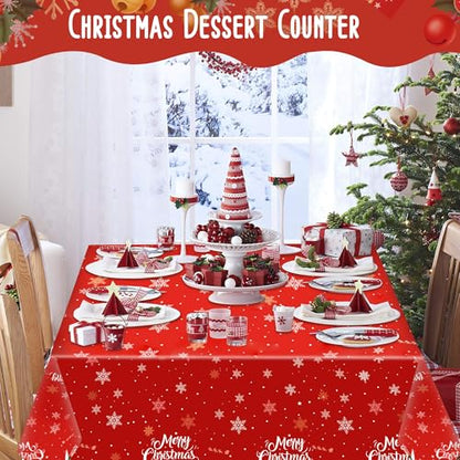 Christmas Tablecloths 3 Pack - Red Festive Plastic Covers with Santa & Snowflakes
