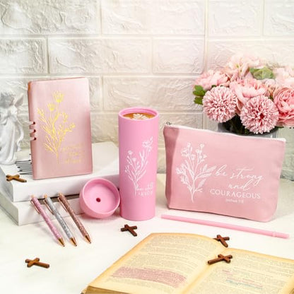 Pink Christian Gift Set for Women - Tumbler, Notebook, Pens & Makeup Bag