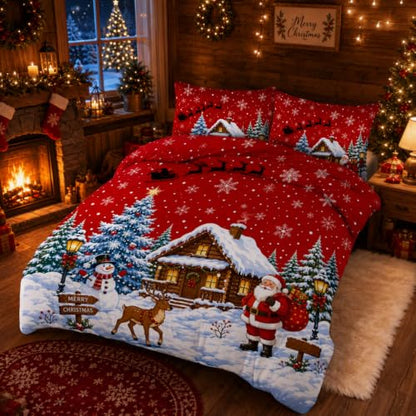 Christmas Queen Comforter Set with 2 Pillowcases - Holiday Cabin Decor - Variation of THIS listing
