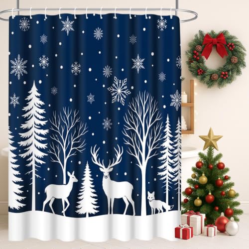 Bathroom Shower Curtain 72x78 Inches - Christmas Blue Winter Design