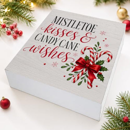 Christmas Candy Cane Mistletoe Wooden Sign - Wishes Holiday Table Decor