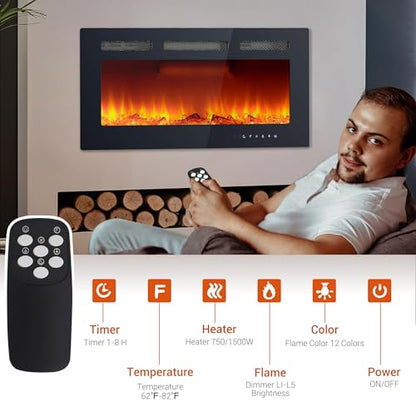 36 Inch Electric Fireplace Insert with Remote Control - Recessed or Wall Mount