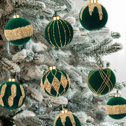Dark Green Velvet Christmas Ball Ornaments 4 Inch Set of 6 - Holiday Decor