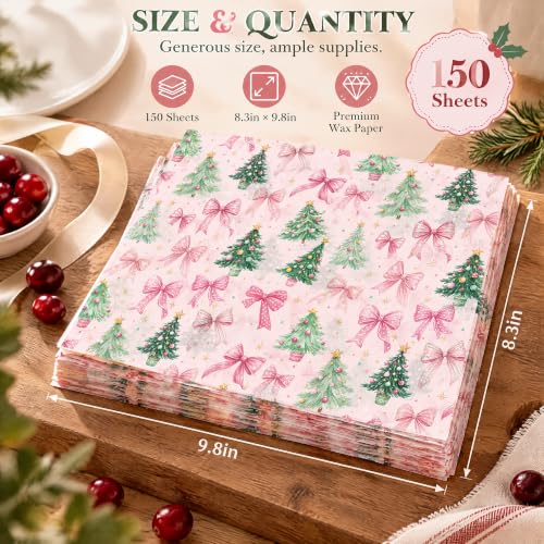 Pink Christmas Wax Paper Sheets for Food & Gift Wrapping, 150 Pack