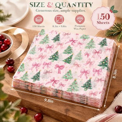 Pink Christmas Wax Paper Sheets for Food & Gift Wrapping, 150 Pack