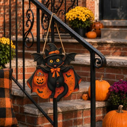 Halloween Black Cat Door Sign with Bat Pumpkin Wreath Wood Decor