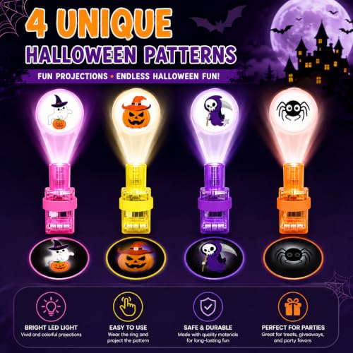Halloween Finger Projector Rings 3-Pack - LED Ghost, Bat, Pumpkin Designs