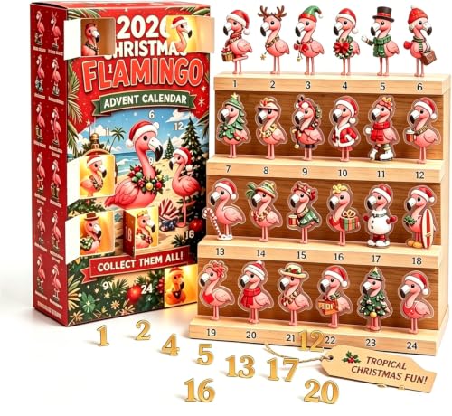Christmas Flamingo Advent Calendar with 24 Unique 2D Acrylic Figurines - Variation of 1