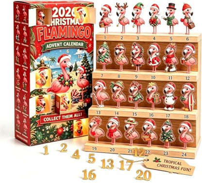 Christmas Flamingo Advent Calendar with 24 Unique 2D Acrylic Figurines - Variation of 1