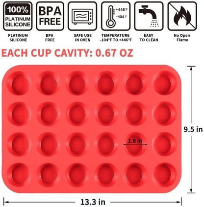 CAKETIME Silicone Muffin Pan - Mini 24-Cup Nonstick Baking Mold for Perfect Cupcakes | Food Grade Silicone