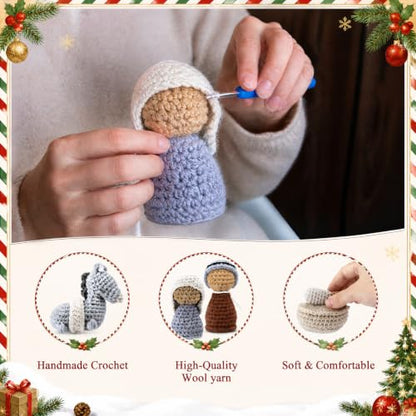 Crochet Nativity Scene Set with Wooden Stable - Handmade Christmas Decor