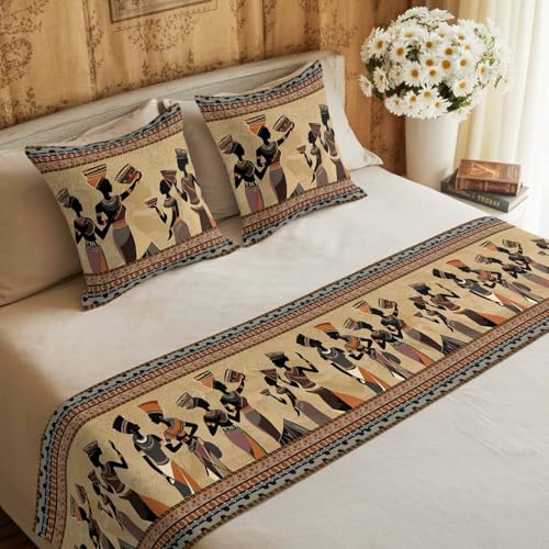 King Size Bed Runner Set 94x20in with 2 Pillow Covers - Black Ethnic Boho Decor
