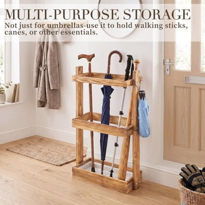 Wooden Umbrella Stand Rack with Removable Drip Tray for Entryway