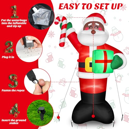 8 FT Tall Black Santa Inflatable Christmas Yard Decoration with LED Lights, Candy Cane & Gift Box - Outdoor Holiday Blow Up Santa Claus