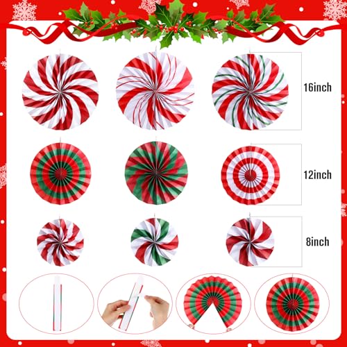 Christmas Candy Hanging Decorations Set - Red & Green, 21 Pcs with Fans, Pom Poms & Lanterns - Variation of Candy