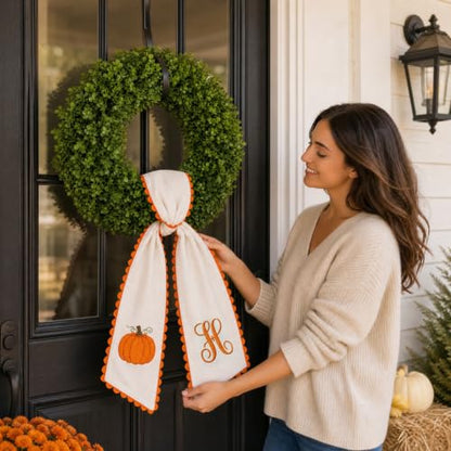Fall Wreath Sash for Front Door with Embroidered Pumpkin Ribbon - H Variation