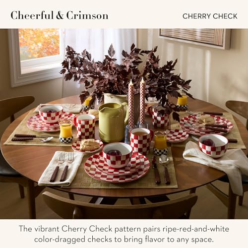 Stoneware Coffee Mug Set with Red and White Cherry Check Pattern