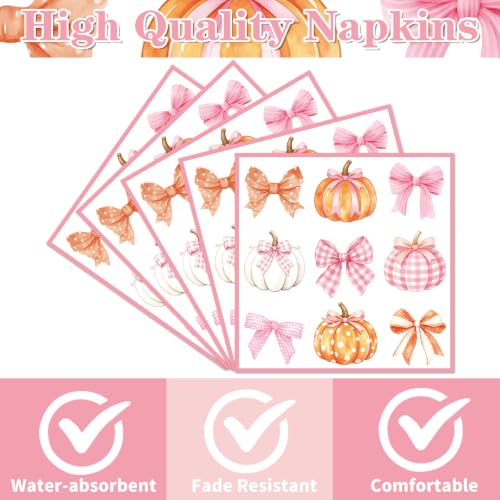 Fall Pumpkin Napkins Set - 50 Pink Watercolor Bows & Pumpkins