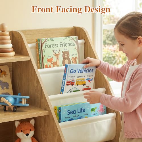 Kids Bookshelf & Toy Storage Organizer - 4-Tier Wooden Toddler Bookcase with Removable Fabric Bins