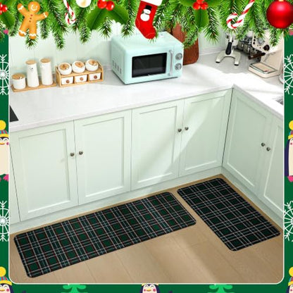 Green Tartan Christmas Kitchen Mat Set - Holiday Door and Floor Rugs