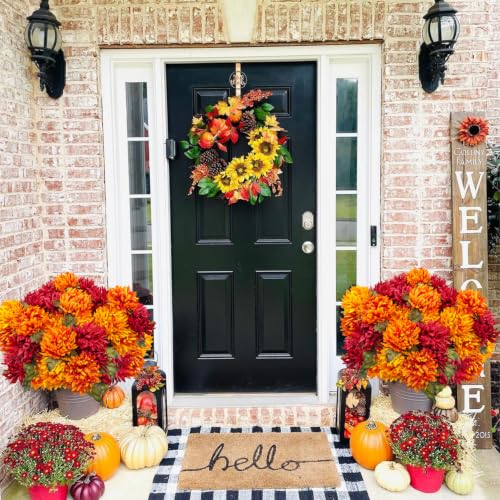 Fall Artificial Mums Flowers - 2 Bundles, 14 Heads, Orange Red
