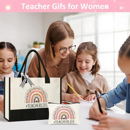 Teacher Gifts Canvas Tote Bag with Makeup Bag - Teacher Appreciation Gift - Variation 1
