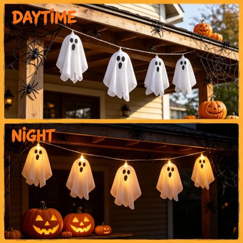 Ghost LED Light Up Garland - Halloween Decoration, 9.8ft, 20 Ghosts, Battery Powered, Handmade