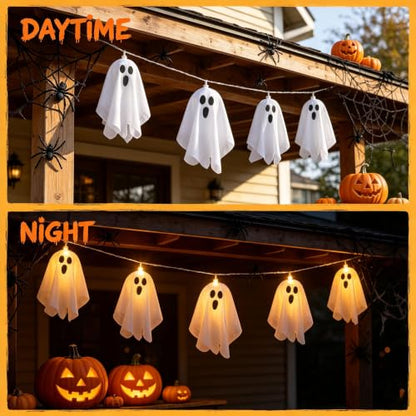 Ghost LED Light Up Garland - Halloween Decoration, 9.8ft, 20 Ghosts, Battery Powered, Handmade