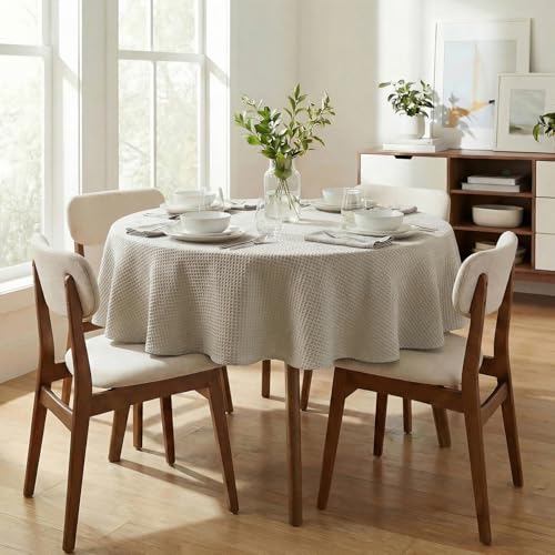 Round Waffle Textured Waterproof Tablecloth 70x70 Inch Natural - Stain & Wrinkle Resistant