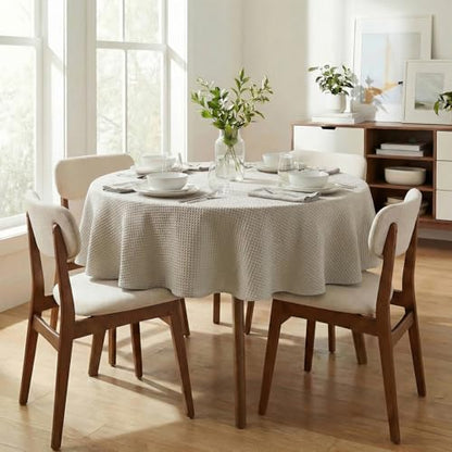 Round Waffle Textured Waterproof Tablecloth 70x70 Inch Natural - Stain & Wrinkle Resistant