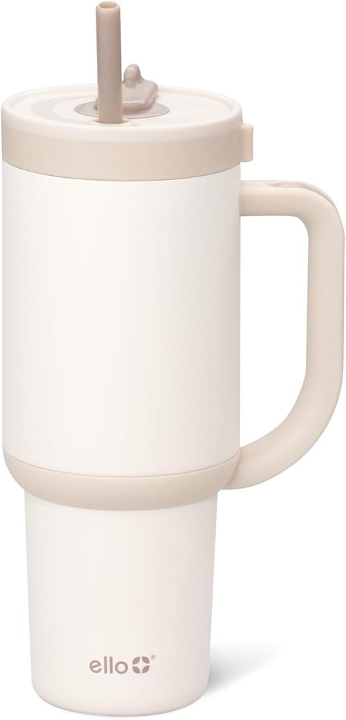 Ello Oasis 30 oz Tumbler - Insulated Stainless Steel Cup with Handle & Straw | 100% Leakproof, Keeps Cold for 24 Hours, Cream Tonal