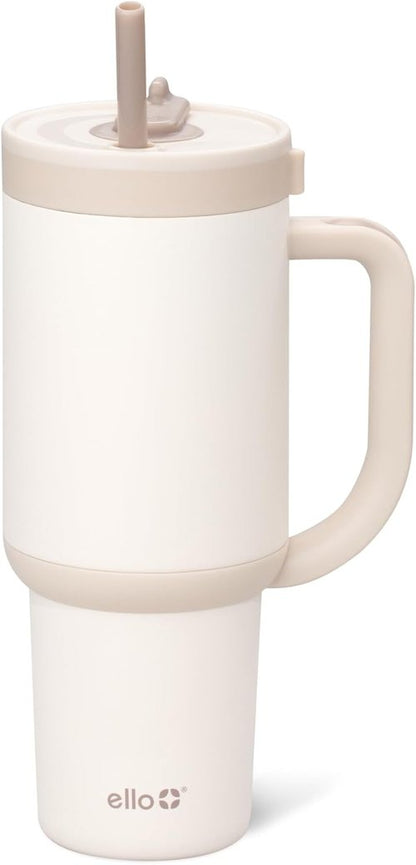 Ello Oasis 30 oz Tumbler - Insulated Stainless Steel Cup with Handle & Straw | 100% Leakproof, Keeps Cold for 24 Hours, Cream Tonal