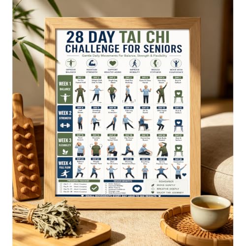 Tai Chi Walking Workout Poster - 28 Day Exercise Wall Art for Seniors & Adults - Unframed 12x16 Inches