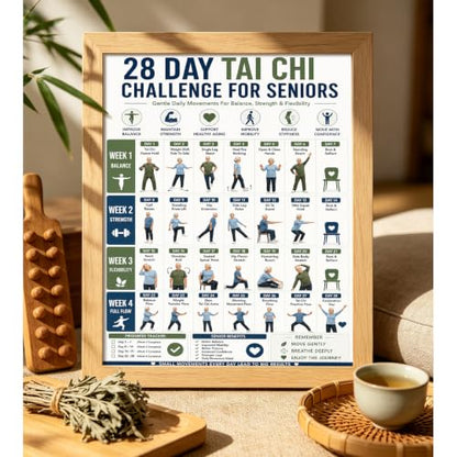 Tai Chi Walking Workout Poster - 28 Day Exercise Wall Art for Seniors & Adults - Unframed 12x16 Inches