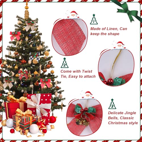 24 Pack Christmas Tree Bows with Jingle Bells Linen Buffalo Plaid Holiday Decor
