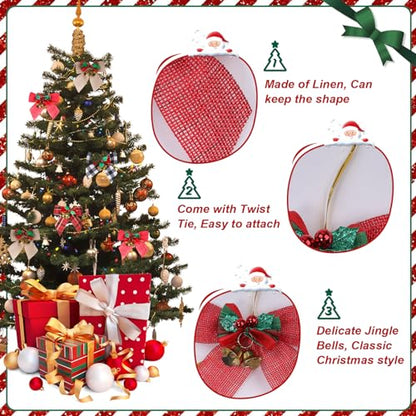 24 Pack Christmas Tree Bows with Jingle Bells Linen Buffalo Plaid Holiday Decor