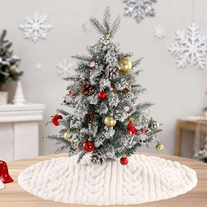 24 Inch Faux Fur Christmas Tree Skirt White Beige Round Holiday Decor - Set of 1