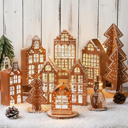 Christmas Gingerbread Village Set with Houses, Trees, Snowman - Holiday Decor