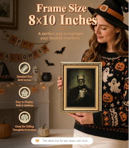 Halloween Vintage Gold Frame Wall Art - Frankenstein Holding Toilet Paper Variation