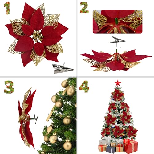 Childom 12 pcs Glitter Poinsettia Flowers for Christmas Decorations - Dark Red & Gold, 8.7 Inch