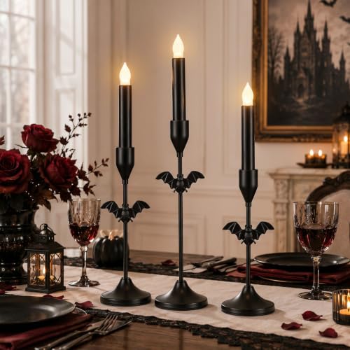 Halloween Bat Candle Holders Set - Black Taper Candle Holders with 3 Sizes - Bat Variation