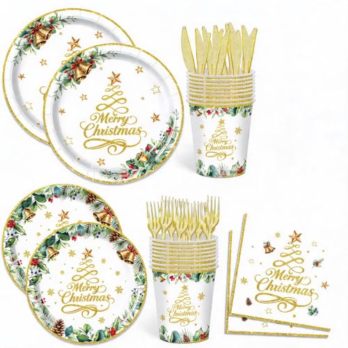 120-Piece Gold Christmas Party Tableware Set for 20 Guests - Disposable Dinnerware Kit