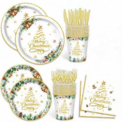 120-Piece Gold Christmas Party Tableware Set for 20 Guests - Disposable Dinnerware Kit
