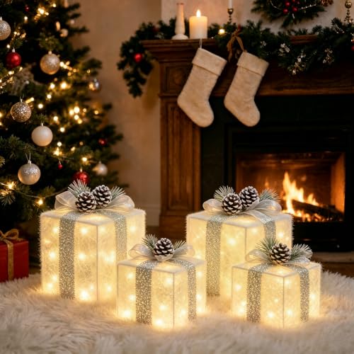 Warm White Lighted Gift Boxes Set of 4 Christmas Decor Battery Operated