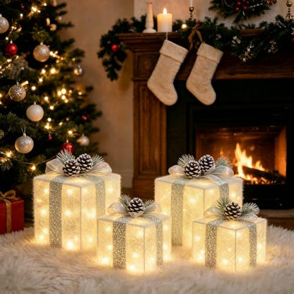 Warm White Lighted Gift Boxes Set of 4 Christmas Decor Battery Operated