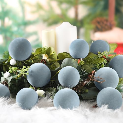Gray Blue Velvet Christmas Tree Ornaments - 18 Pack Flocked Holiday Balls with Hanging Ropes